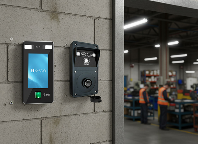 Docházkový terminál na dílně s alkoholtesterem