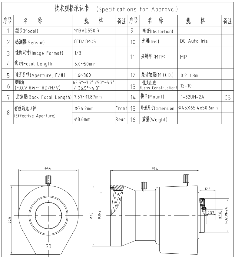 M13VD550IR 3MP objektiv 5-50m