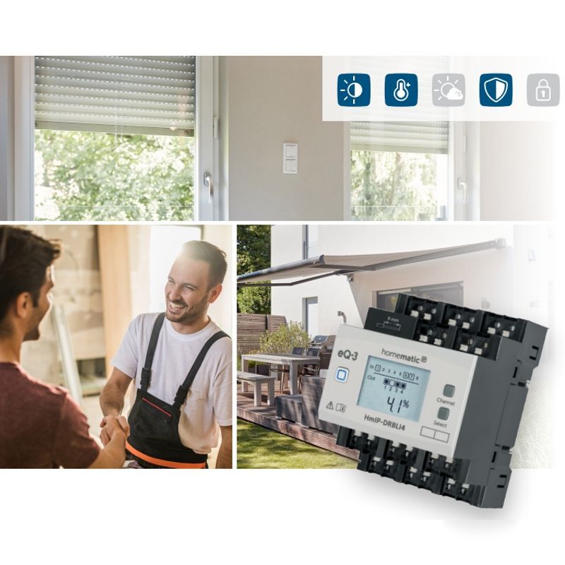 Žaluziový akční člen s LCD - na DIN lištu, 4 kanály - HmIP-DRBLI4